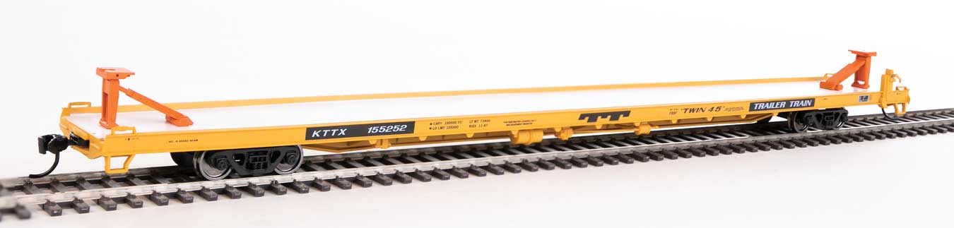 910-5722 WalthersMainline 89' Channel Side Flatcar - Ready to Run -- Trailer-Train KTTX #155252 (yellow, black; Twin 45')