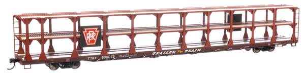 910-8213 Walthers Mainline 89' Flatcar w/Tri-Level Open Auto Rack - Ready to Run -- Pennsylvania Railroad Rack Trailer-Train Flatcar #908073 (brown)
