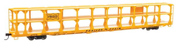 910-8217 Walthers Mainline 89' Flatcar w/Tri-Level Open Auto Rack - Ready to Run -- St. Louis - San Francisco Rack Trailer-Train Flatcar #913598 (yellow)