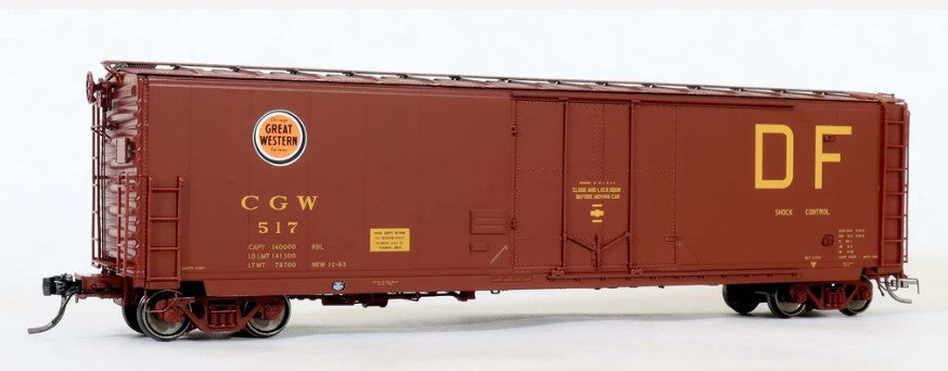 Model of a boxcar with 'CGW' and 'DF' markings on a white background
