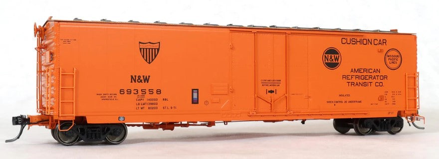 Model of an orange railroad car with black text and logos on a white background