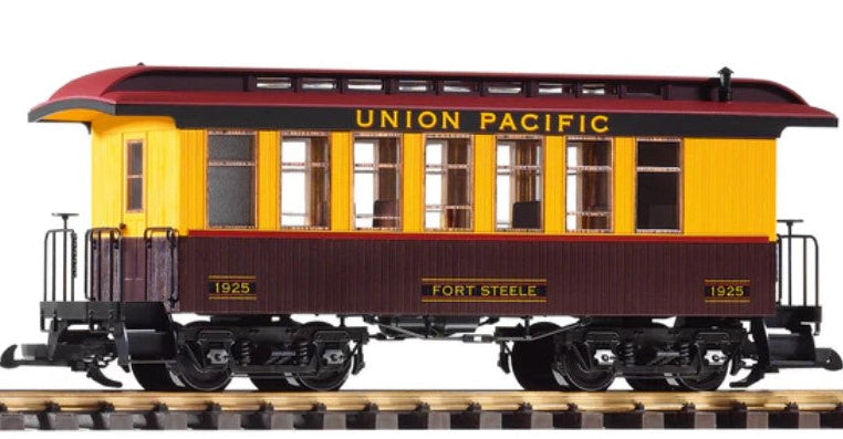 Model train car in Union Pacific colors on a white background