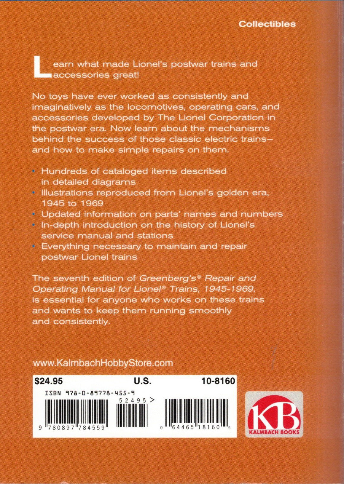 Back cover of a book about Lionel postwar trains and accessories, featuring text and a barcode.