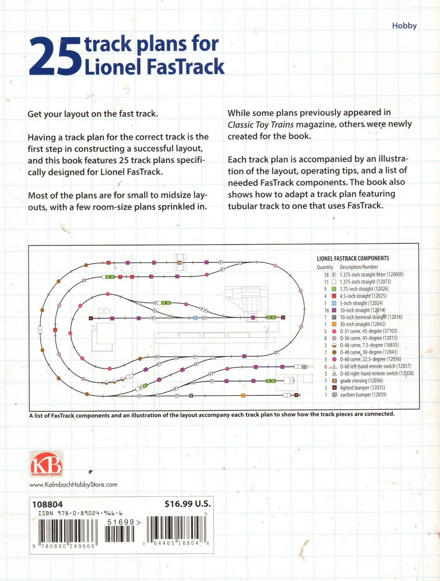 Back cover of a book featuring 25 track plans for Lionel FasTrack with text and diagrams.
