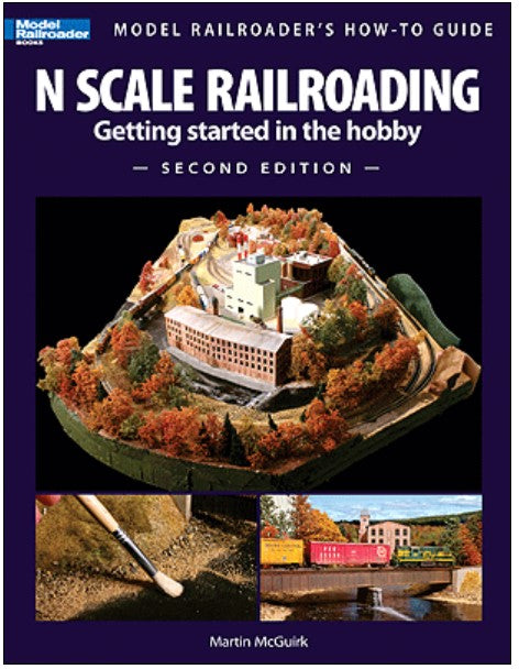 Book cover of 'N Scale Railroading: Getting Started in the Hobby' with model train layout and text.