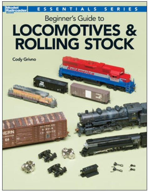 Book cover of 'Beginner's Guide to Locomotives & Rolling Stock' with model trains and components on a beige background.