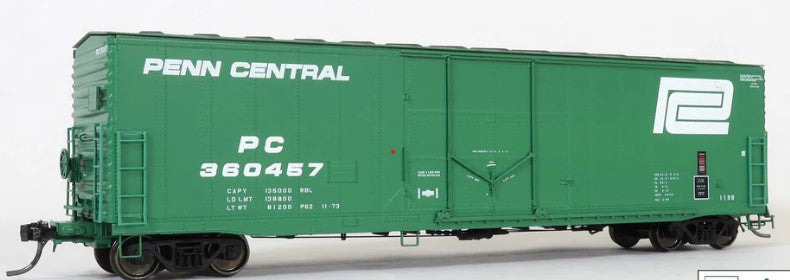 Green box car with 'Penn Central' branding on a white background