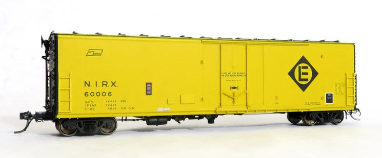 Model of a yellow boxcar with 'NIRX' and a logo on a white background