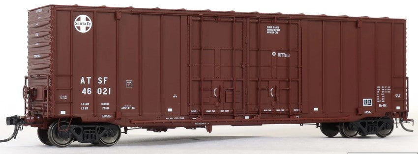 Model of a boxcar with ATSF markings on a white background