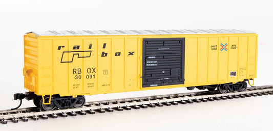 910-1864 WalthersMainline 50' ACF Exterior Post Boxcar - Ready to Run -- Railbox #30091 (yellow, Black Door; Small Logo, Slogan)