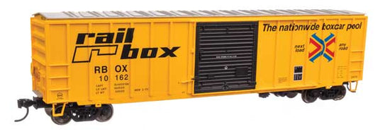 910-1893 WalthersMainline 50' ACF Exterior Post Boxcar - Ready to Run -- Railbox RBOX #10162 (yellow, black, red, blue)