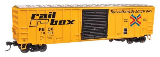910-1895 WalthersMainline 50' ACF Exterior Post Boxcar - Ready to Run -- Railbox RBOX #10606 (yellow, black, red, blue)