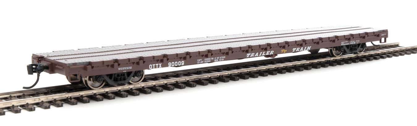 910-5343 WalthersMainline 60' Pullman-Standard Flatcar - Ready to Run -- Trailer-Train OTTX #90009 (Farm Machinery Service; brown, yellow TT Logo)