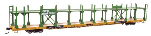 910-8032 Walthers Mainline 89' Flatcar w/Bi-Level Open Auto Rack - Ready to Run -- Burlington Northern #963917