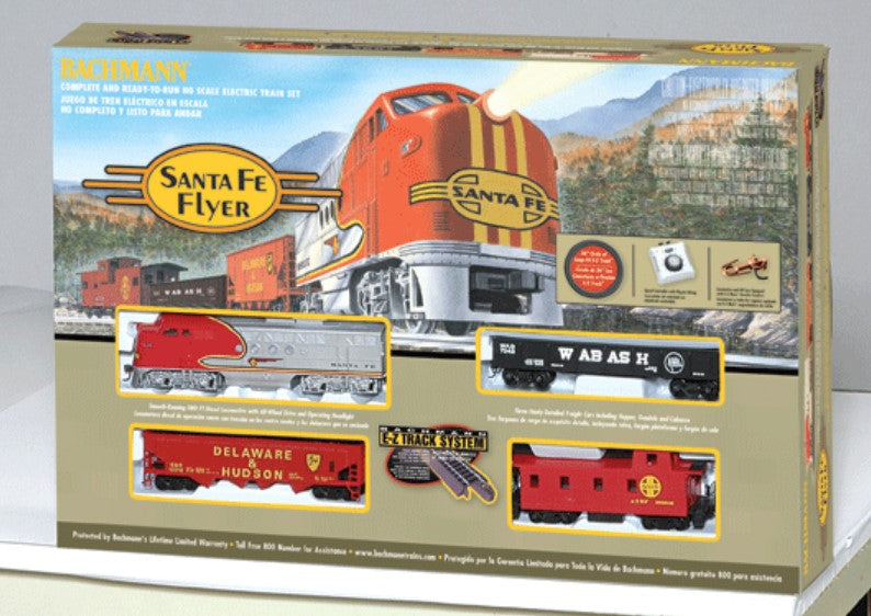 Model train set packaging with Santa Fe Flyer branding on a white background