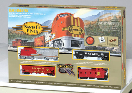 Model train set packaging with Santa Fe Flyer branding on a white background