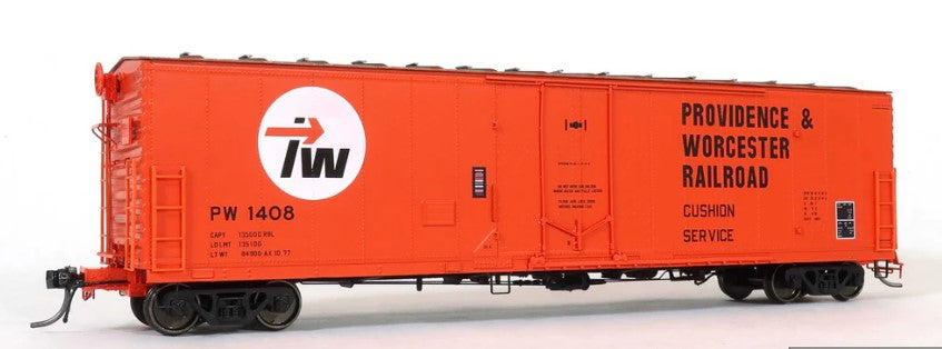 Model train car with Providence & Worcester Railroad logo on an orange background