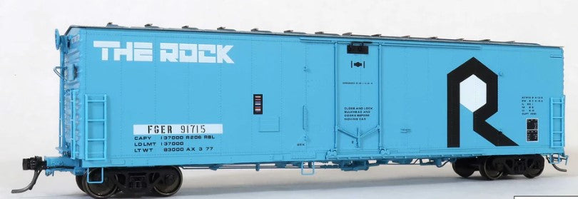Blue train car with 'The Rock' branding on a white background