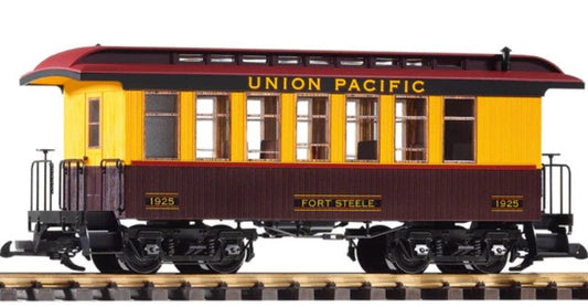 Model train car in Union Pacific colors on a white background