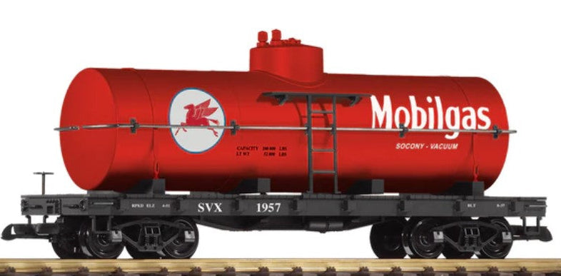 Model of a red Mobilgas tanker train car on a white background