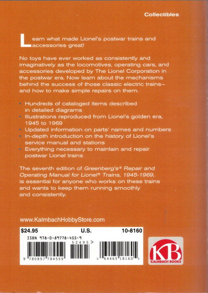Back cover of a book about Lionel postwar trains and accessories, featuring text and a barcode.