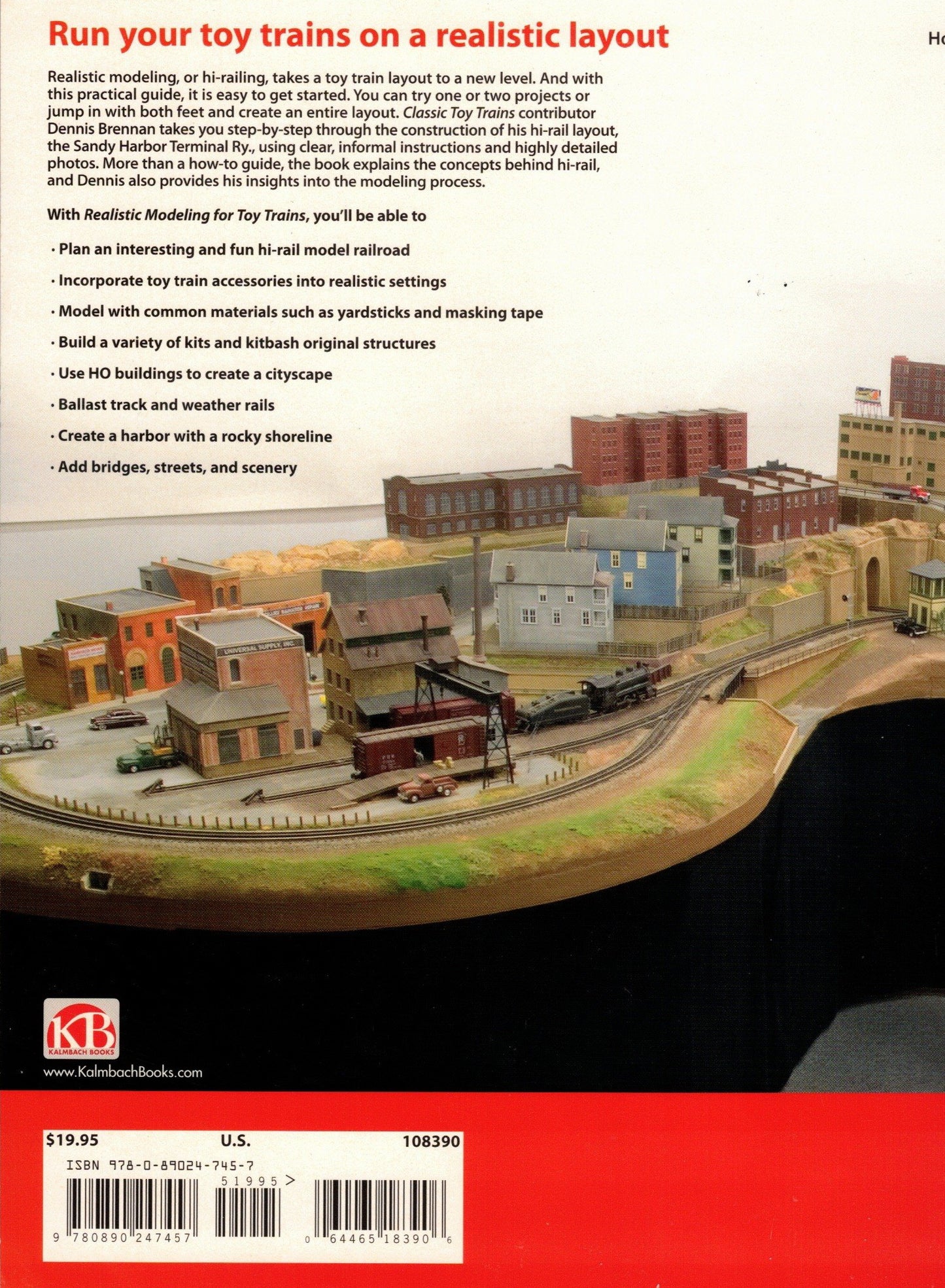 Back cover of a book on model train layout design with a scenic layout illustration.