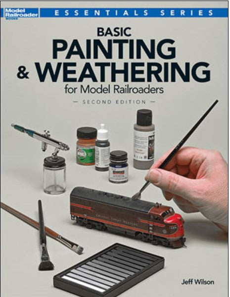 Book cover of 'Basic Painting & Weathering for Model Railroaders' with model train and painting supplies on a gray background.