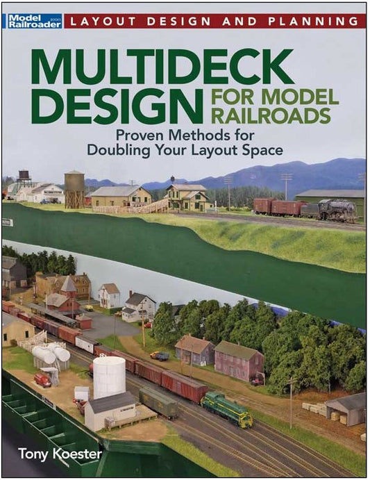Book cover of 'Multideck Design for Model Railroads' by Tony Koester with a model railroad layout illustration.
