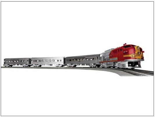 Model train set with a red and silver locomotive on a white background