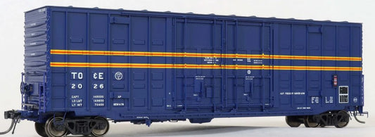 Model of a blue train car with orange stripes on a white background