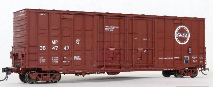 Model of a red boxcar with white text and logos on a white background