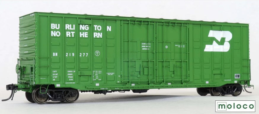 Model of a green boxcar with 'Burlington Northern' branding on a white background