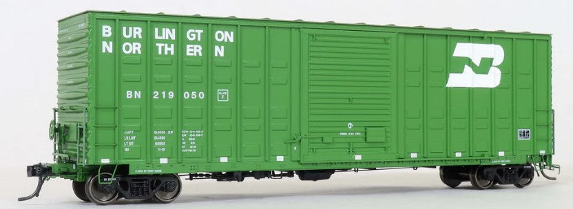 Green Burlington Northern boxcar model on a white background