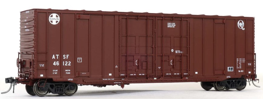 Model of a railroad boxcar with ATSF branding on a white background