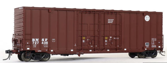 Model of a maroon boxcar with BNSF markings on a white background
