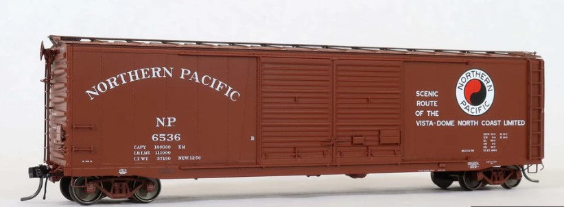 Model of a Northern Pacific railroad boxcar on a white background