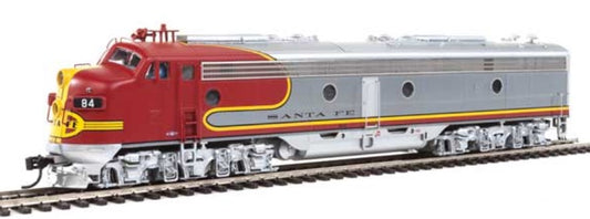 Model train set with a red and gray locomotive featuring 'Santa Fe' branding on a white background.