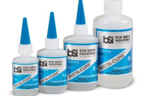 Set of Bob Smith Industries Insta-Cure cyanoacrylate adhesives on a white background