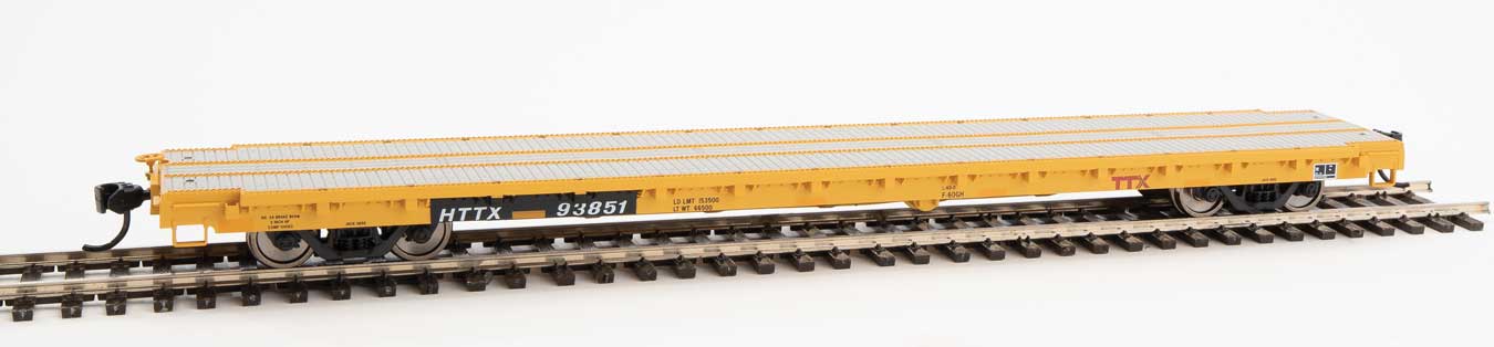 910-5364 WalthersMainline 60' Pullman-Standard Flatcar - Ready to Run -- TTX HTTX #93851 (Heavy-duty loading; yellow, black, white)